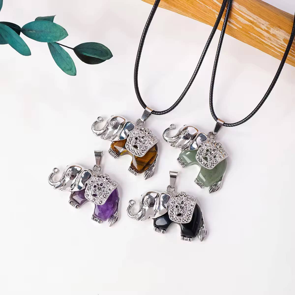 Elephant Gemstone Pendant Necklace with Silver Accents