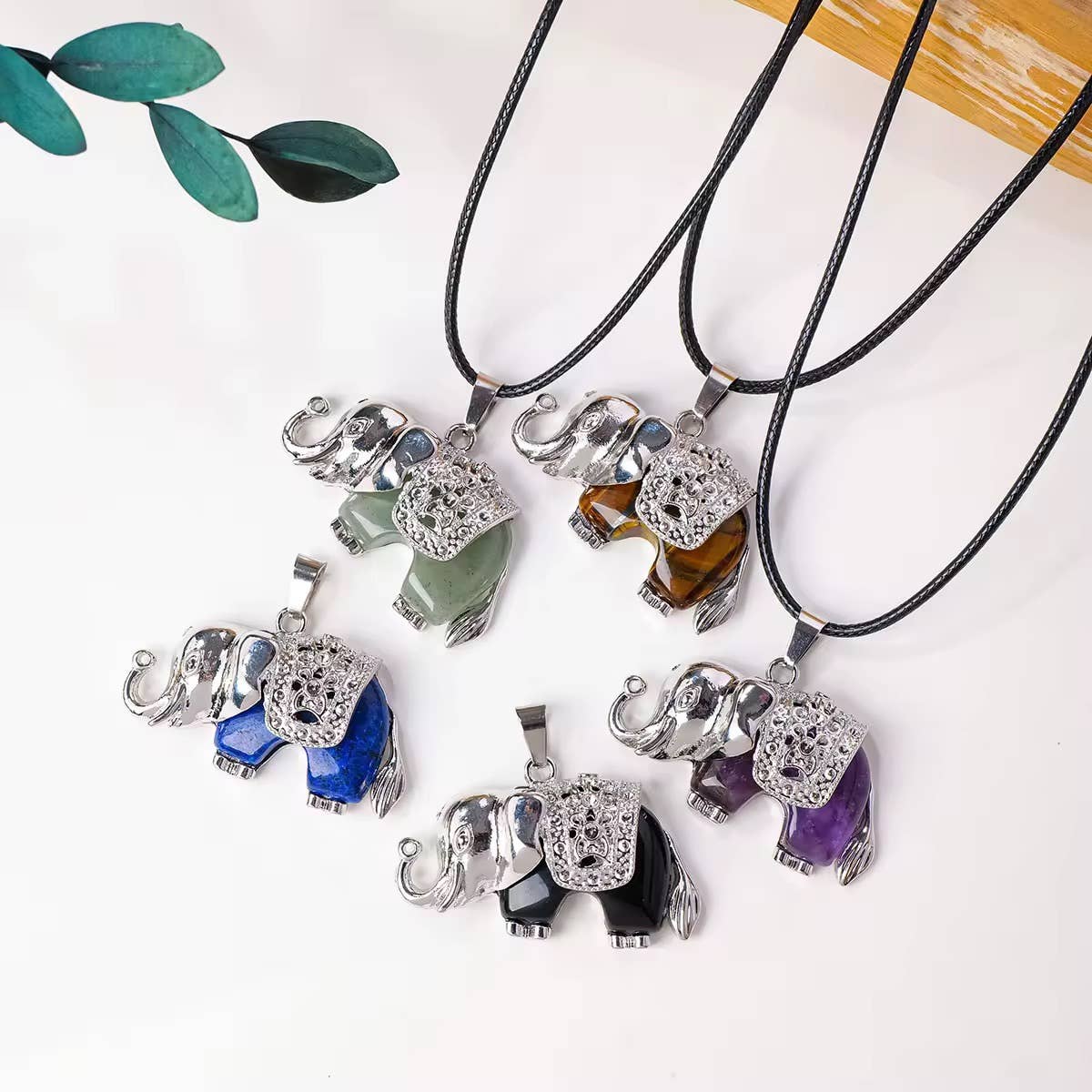 Elephant Gemstone Pendant Necklace with Silver Accents