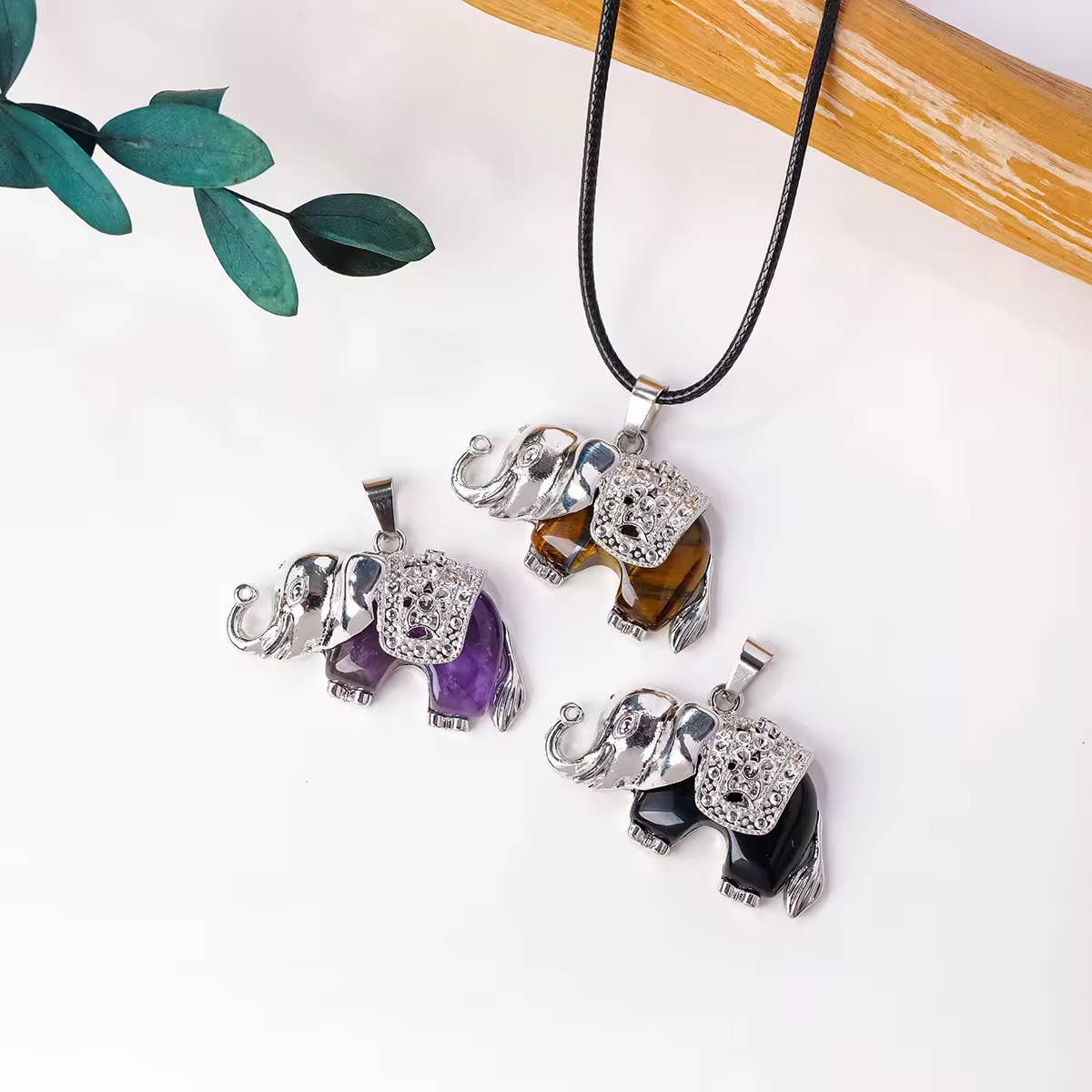 Elephant Gemstone Pendant Necklace with Silver Accents